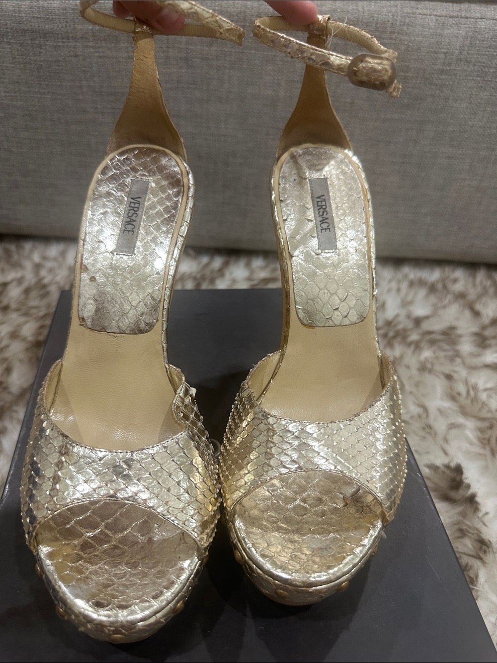 VERSACE Gold Snakeskin Platform wedge gold stud detail, VERSACE emblem on wedge